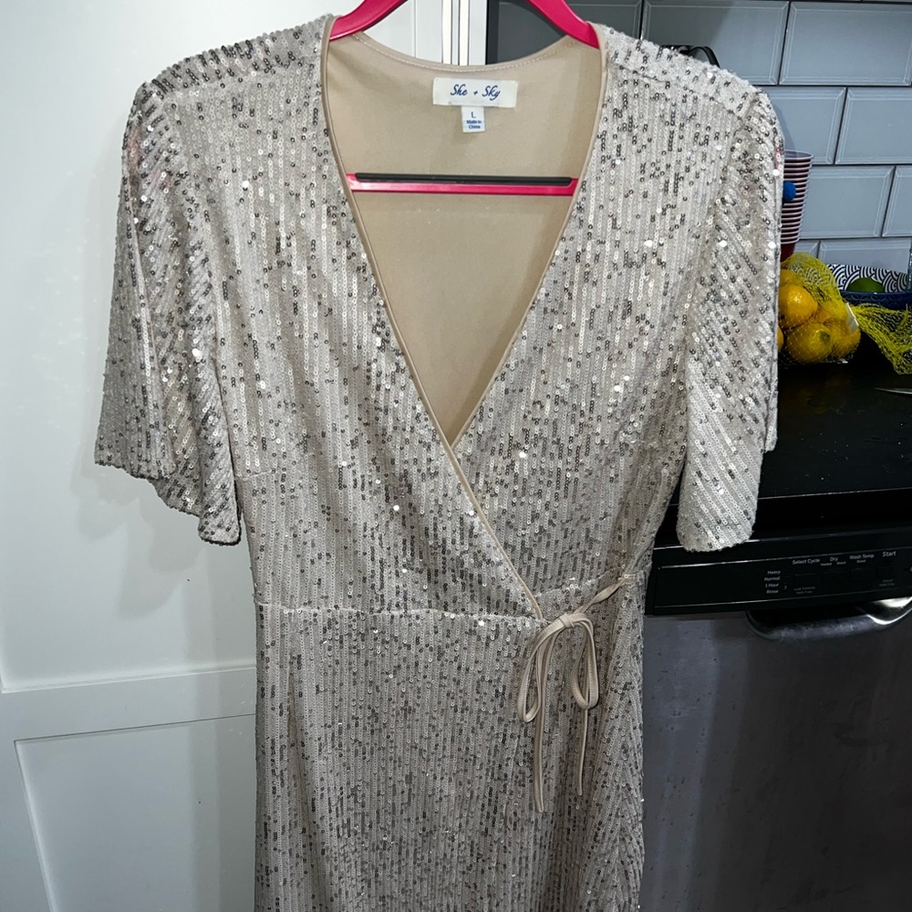 She and Sky Sequin Wrap Dress